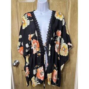 Haute Project Womens 2XL Black Orange Floral  Lace Trim Tie Waist Kimono Coverup